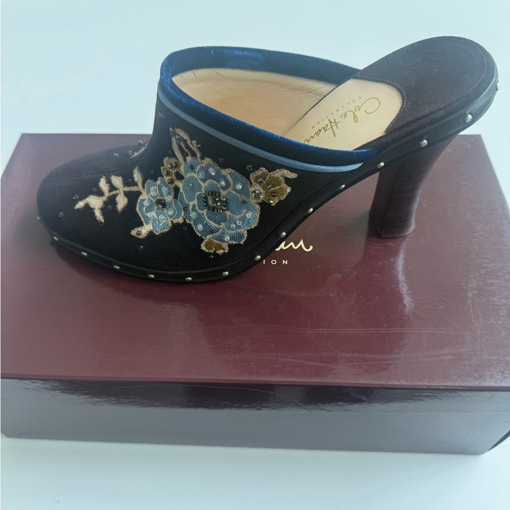 Cole Haan Black Mules with Blue Floral Design